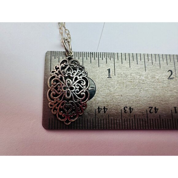 Estate Sterling Silver Filigree Pendant Necklace, 24” Oval Link Chain, Italy, 4. - Picture 8 of 13